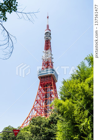View of the Tokyo Tower in Minato, Tokyo, Japan. It is a lattice tower inspired by the Eiffel Tower. In Japan, the second-tallest tower is after Tokyo Skytree. 137561477