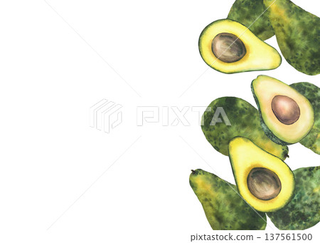 Watercolor avocado rectangular frame. Whole and cut green fruit half with seed. Hand drawn illustration isolated from background for healthy food packaging, vegan menu, vegetables label, card template Watercolor avocado rectangular frame. Whole and cut green fruit half with seed. Hand drawn illustration isolated from background for healthy food packaging, vegan menu, vegetables label, card template 137561500