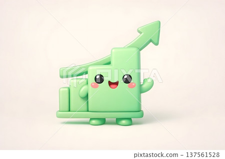 Green cartoon character with upward arrow graph smiling happily 137561528