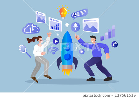 Team celebrating project success with blue rocket launching amidst cloud computing data charts and social media elements. Modern flat vector for technology innovation and corporate growth concepts 137561539