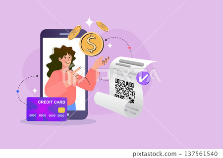 Digital payment concept with a woman using a smartphone for QR code and credit card transactions. Modern flat vector for mobile banking, online shopping, and cashless society financial services. 137561540