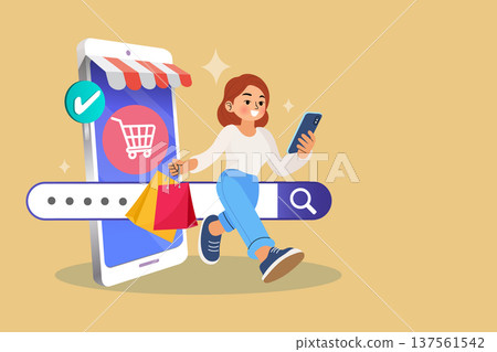 Female character enjoying mobile retail experience with magnifying glass and check mark icons. Modern vector for e-commerce marketplace product discovery and online store promotion concepts 137561542