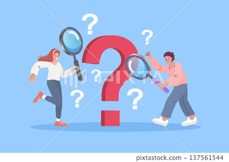 Problem solving concept with characters using magnifying glasses to investigate a large question mark. Flat vector for FAQ, market research, and finding business solutions or customer support. 137561544