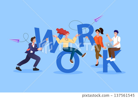 Work concept illustration with characters organizing large blue letters. Modern flat vector for teamwork, workflow management, job satisfaction, and corporate office culture promotion. 137561545