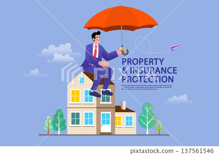 Real estate insurance protection concept illustration with a businessman holding a large umbrella. Professional vector design for vehicle safety, financial security, and insurance marketing services. Real estate insurance protection concept illustration with a businessman holding a large umbrella. Professional vector design for vehicle safety, financial security, and insurance marketing services. 137561546