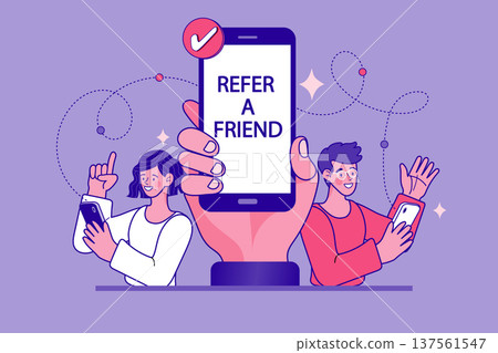 Refer a friend marketing concept with characters using smartphones. Modern flat vector for viral word of mouth, affiliate program, and digital customer referral strategy promotion. Refer a friend marketing concept with characters using smartphones. Modern flat vector for viral word of mouth, affiliate program, and digital customer referral strategy promotion. 137561547