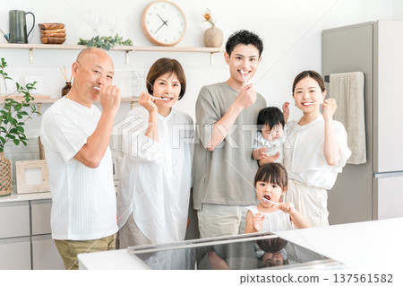 Brushing teeth, three-generation family doing dental care, family 137561582