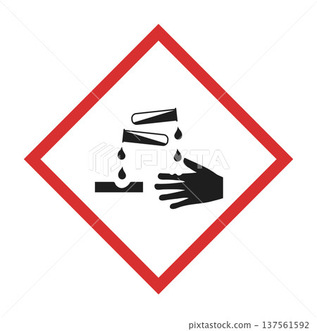Corrosive substance hazard GHS pictogram icon isolated on white background. Industrial safety sign for corrosive materials. Chemical burn warning sign Corrosive substance hazard GHS pictogram icon isolated on white background. Industrial safety sign for corrosive materials. Chemical burn warning sign 137561592