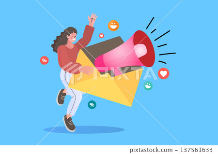Email marketing concept with a woman holding a megaphone jumping from an envelope. Modern flat vector for proactive social media promotion, digital advertising, and customer engagement campaigns. Email marketing concept with a woman holding a megaphone jumping from an envelope. Modern flat vector for proactive social media promotion, digital advertising, and customer engagement campaigns. 137561633