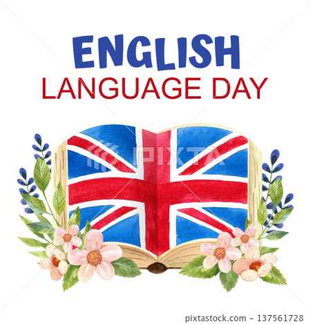 Hand drawn watercolor illustrations featuring British symbols for English Language Day. Posters and posters featuring British flags, a book, and flowers. 137561728
