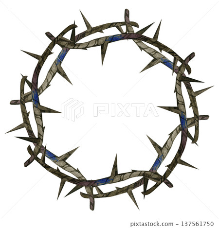 Hand drawn watercolor illustration of a crown of thorns arranged in a circular wreath. This religious symbol of faith and sacrifice features detailed brown branches and sharp thorns with artistic blue Hand drawn watercolor illustration of a crown of thorns arranged in a circular wreath. This religious symbol of faith and sacrifice features detailed brown branches and sharp thorns with artistic blue 137561750