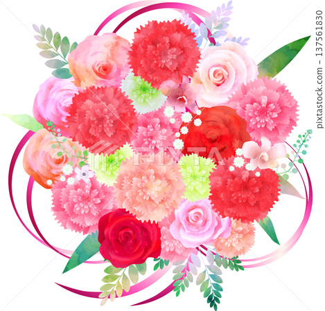 Rose and carnation bouquet with pink ribbon 137561830