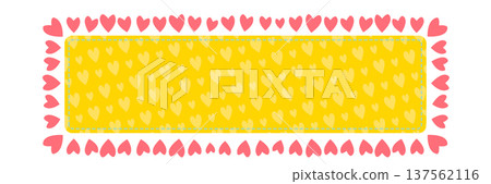 Summer yellow banner frame with hearts. Bright sun color patch for text with teal stitch line. Minimalist seasonal border for holiday sale and vacation promo isolated on white background. Vector. Summer yellow banner frame with hearts. Bright sun color patch for text with teal stitch line. Minimalist seasonal border for holiday sale and vacation promo isolated on white background. Vector. 137562116