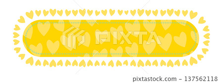 Summer yellow banner frame with hearts. Bright sun color patch for text with teal stitch line. Minimalist seasonal border for holiday sale and vacation promo isolated on white background. Vector. 137562118