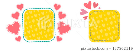 Summer yellow banner frame with hearts. Bright sun color patch for text with teal stitch line. Minimalist seasonal border for holiday sale and vacation promo isolated on white background. Vector. Summer yellow banner frame with hearts. Bright sun color patch for text with teal stitch line. Minimalist seasonal border for holiday sale and vacation promo isolated on white background. Vector. 137562119