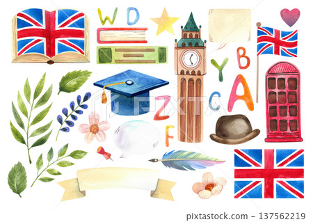 Hand drawn watercolor elements featuring British symbols, a clock tower, and the alphabet. A set of illustrations for English Language Day. 137562219