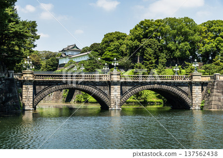 Building view of the Seimon Ishibashi Bridge at Kokyo Gaien in Chiyoda, Tokyo, Japan, which leads to the main gate of the Imperial Palace (Kokyo). Building view of the Seimon Ishibashi Bridge at Kokyo Gaien in Chiyoda, Tokyo, Japan, which leads to the main gate of the Imperial Palace (Kokyo). 137562438