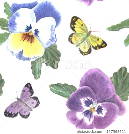 A seamless, vibrant floral pattern with pansies and butterflies, hand-painted in watercolor on an isolated background. Botanical clip art for fabric, wallpaper, and banner design. A seamless, vibrant floral pattern with pansies and butterflies, hand-painted in watercolor on an isolated background. Botanical clip art for fabric, wallpaper, and banner design. 137562511