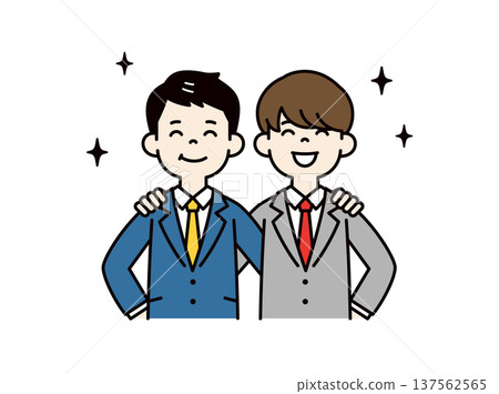 一位年輕的商人、男性員工或同事穿著西裝,高興地將手臂搭在某人的肩膀上,上半身向量圖 一位年輕的商人、男性員工或同事穿著西裝,高興地將手臂搭在某人的肩膀上,上半身向量圖 137562565