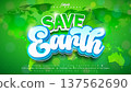 Earth Day Text Effect Design Editable Vector Graphic Style with Natural Leaf and 3D Typography Lettering on Green World Map Background. April 22 Environmental and Eco Concept Design for Postcard 137562690