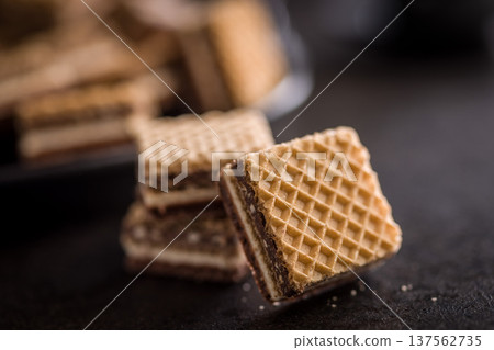 Stacked Chocolate Wafer Biscuits With Cream Layers Closeup Snack Dessert 137562735