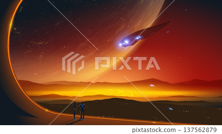 Scifi landscape of a couple observing a flying spaceship and glowing alien city colony. Scifi landscape of a couple observing a flying spaceship and glowing alien city colony. 137562879