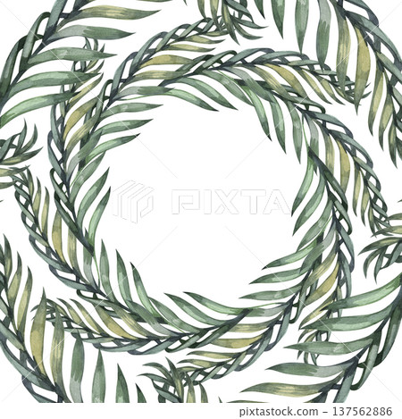 Hand drawn watercolor round frame made of lush green palm branches and tropical leaves. This botanical wreath is perfect for summer wedding invitations, exotic branding, and jungle themed decor. Hand drawn watercolor round frame made of lush green palm branches and tropical leaves. This botanical wreath is perfect for summer wedding invitations, exotic branding, and jungle themed decor. 137562886