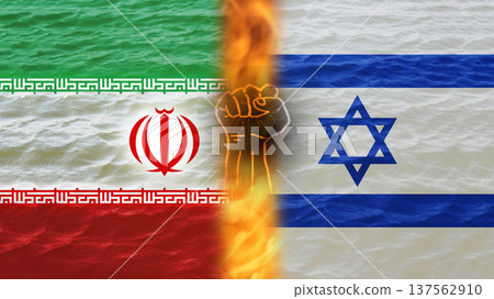 Geopolitical conflict and confrontation concept. Flags of Iran and Israel separated by a burning flame and a raised fist over sea waves 137562910