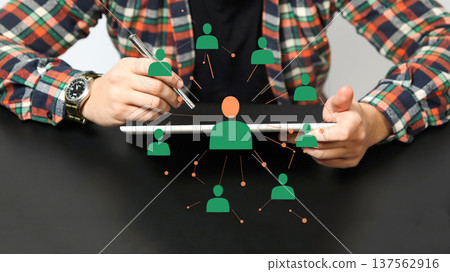 Social network and human resources concept. Man using digital tablet with flying avatar icons for networking, recruitment, and team management. Hr concept 137562916