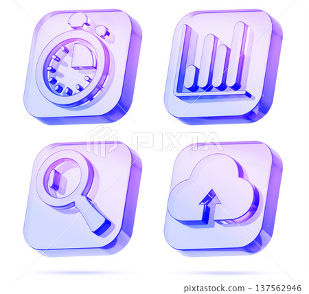 Hologram data analysis icons, research of business, finance information. Render 3d set with purple crystal chart, diagram, magnifying glass, stopwatch, cloud upload download arrow. 3D illustration 137562946