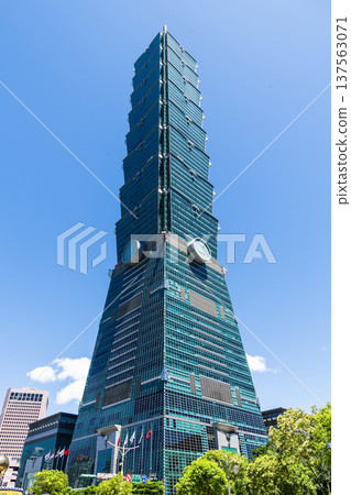 Low-angle view of Taipei 101 skyscraper in Taipei, Taiwan, the tallest building in Taiwan. 137563071