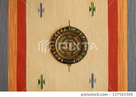 Mexican Traditional Crafts Set: Aztec Calendar Plate and Handwoven Zapotec Rug 137563309