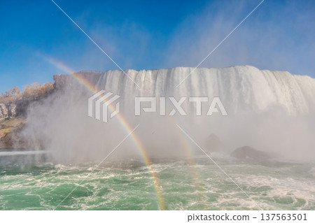 Niagara Falls with double rainbow in mist above powerful waterfall 137563501