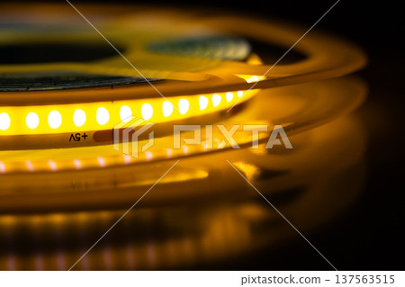 Detailed Macro Photograph Emphasizing Luminous Gradient And Textured Surface Of Coiled LED Lighting Detailed Macro Photograph Emphasizing Luminous Gradient And Textured Surface Of Coiled LED Lighting 137563515