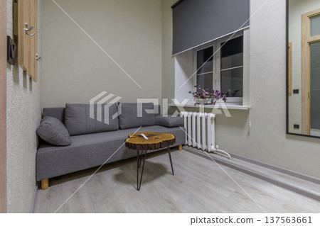 Modern Budget Hostel Room with Grey Sofa and Live Edge Wood Table 137563661