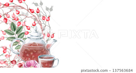 A rectangular frame with curved rosehip branches and a teapot with a cup. Isolated watercolor illustration for designs related to natural ingredients, health, cosmetology, and herbal medicine. 137563684