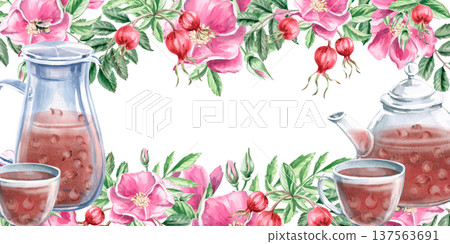 A rectangular frame with a teapot and a jug of rosehip infusion. Isolated watercolor illustration for designs related to natural ingredients, health, cosmetology, and herbal medicine. A rectangular frame with a teapot and a jug of rosehip infusion. Isolated watercolor illustration for designs related to natural ingredients, health, cosmetology, and herbal medicine. 137563691
