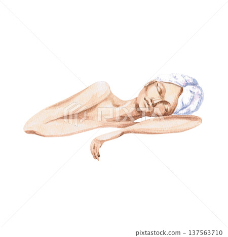 Watercolor illustration of a woman sleeping with her eyes closed, a towel on her head. Isolated illustration suitable for spa salons, beauty blogs, cosmetics advertising, home goods, bathroom designs. Watercolor illustration of a woman sleeping with her eyes closed, a towel on her head. Isolated illustration suitable for spa salons, beauty blogs, cosmetics advertising, home goods, bathroom designs. 137563710