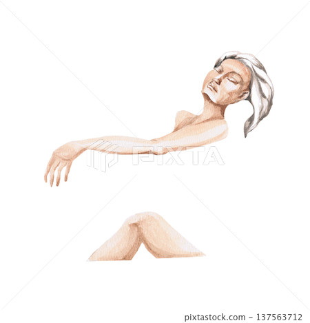 An elegant watercolor illustration of the female body. This isolated illustration is perfect for yoga studio announcements, meditation blogs, mental health websites, designer posters, and book covers. An elegant watercolor illustration of the female body. This isolated illustration is perfect for yoga studio announcements, meditation blogs, mental health websites, designer posters, and book covers. 137563712