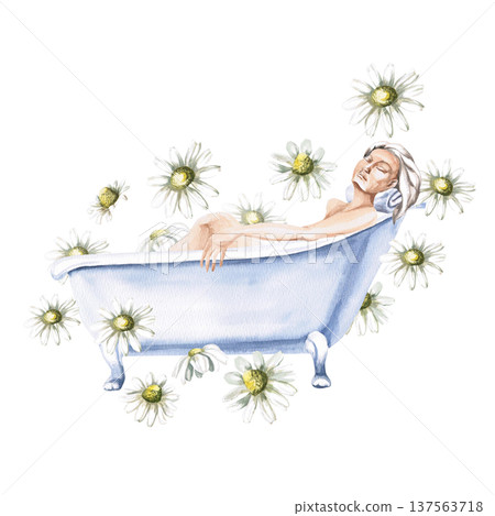 An elegant watercolor illustration of a woman relaxing in a bathtub, against a background of daisy flowers. Isolated illustration for spa salons, cosmetic brands, health magazines, lifestyle blogs. 137563718