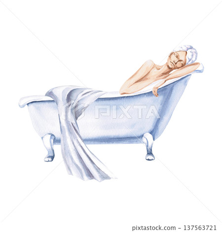 An elegant watercolor illustration of a woman relaxing in a bathtub, eyes closed, radiating peace. Isolated illustration for spa salons, cosmetic brands, health magazines, and lifestyle blogs. An elegant watercolor illustration of a woman relaxing in a bathtub, eyes closed, radiating peace. Isolated illustration for spa salons, cosmetic brands, health magazines, and lifestyle blogs. 137563721
