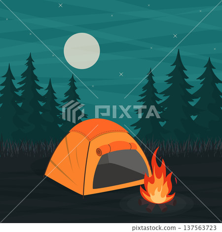 camping tent and campfire in forest 137563723