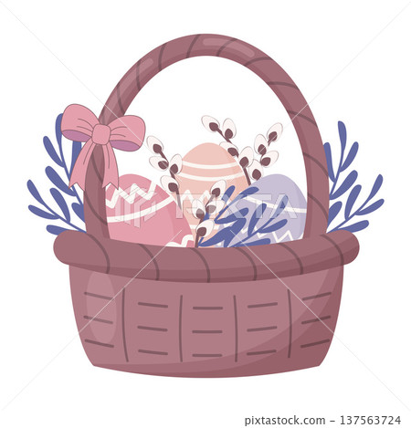 wicker basket with easter eggs wicker basket with easter eggs 137563724