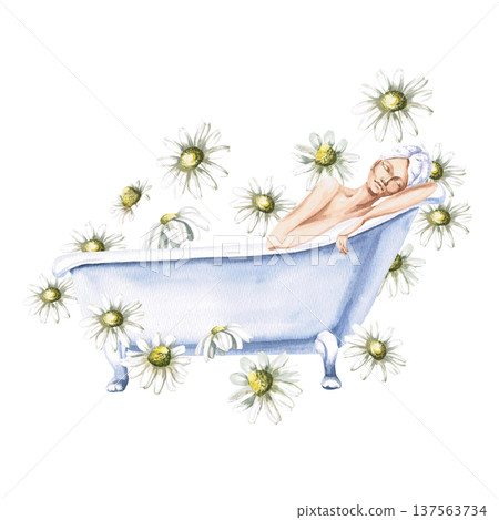 Watercolor illustration of a woman enjoying a bath among steaming chamomile flowers. Isolated illustration for spas, health and beauty blogs, natural cosmetics brands, gifts, cards, themed designs. Watercolor illustration of a woman enjoying a bath among steaming chamomile flowers. Isolated illustration for spas, health and beauty blogs, natural cosmetics brands, gifts, cards, themed designs. 137563734