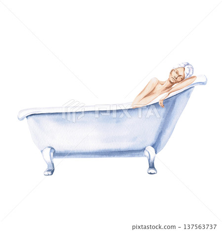 Watercolor illustration of a woman enjoying a relaxing bath. Isolated illustration for spas, skincare brands, health and beauty magazines, women's wellness websites, and home design. Watercolor illustration of a woman enjoying a relaxing bath. Isolated illustration for spas, skincare brands, health and beauty magazines, women's wellness websites, and home design. 137563737