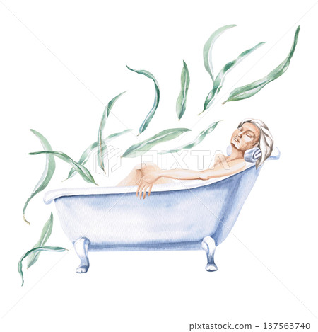 Watercolor illustration of a woman in a bathtub surrounded by eucalyptus leaves. Isolated illustration for spas, health, beauty magazines, natural cosmetics brands, wellness centers, lifestyle blogs. Watercolor illustration of a woman in a bathtub surrounded by eucalyptus leaves. Isolated illustration for spas, health, beauty magazines, natural cosmetics brands, wellness centers, lifestyle blogs. 137563740