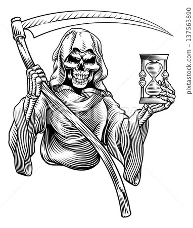 Grim Reaper Death Skeleton Vintage Woodcut Style 137563890