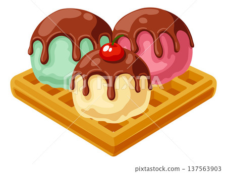 Ice Cream Scoops on Waffle Dessert Illustration Ice Cream Scoops on Waffle Dessert Illustration 137563903