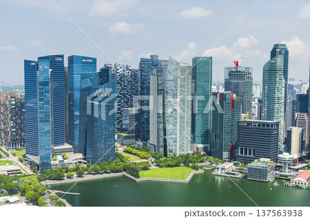 Building view of modern skyscrapers along Marina Bay in the Raffles Place financial district from the Marina Bay Sands Skypark, Singapore. Building view of modern skyscrapers along Marina Bay in the Raffles Place financial district from the Marina Bay Sands Skypark, Singapore. 137563938