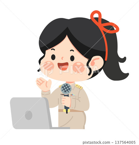 Woman With Microphone Presenting Laptop Woman With Microphone Presenting Laptop 137564005